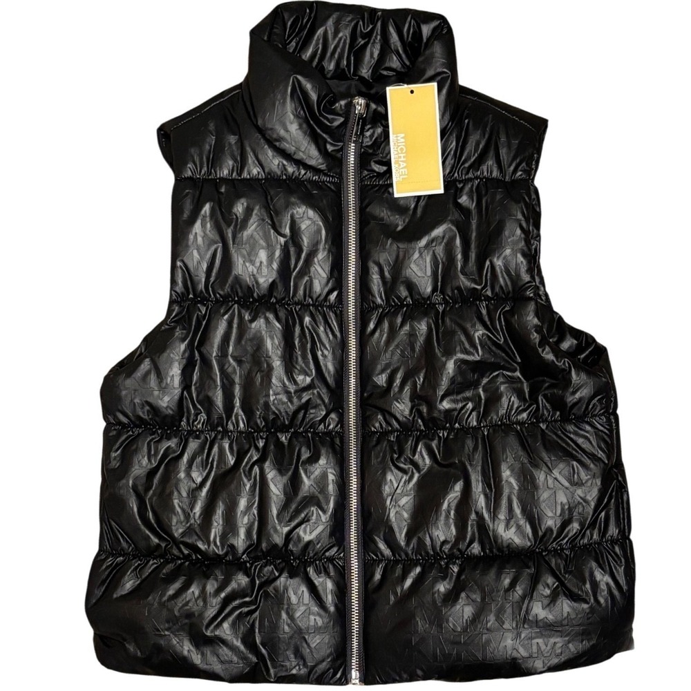 NWT Michael Kors‎ Black MK Logo Gorpcore Embossed Sleeveless Puffer Vest Size XS